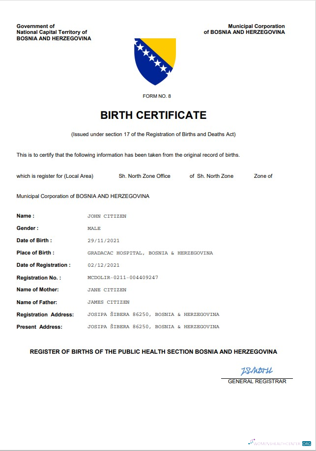 Download Bosnia and Herzegovina vital record birth certificate Word and PDF template Photoshop template